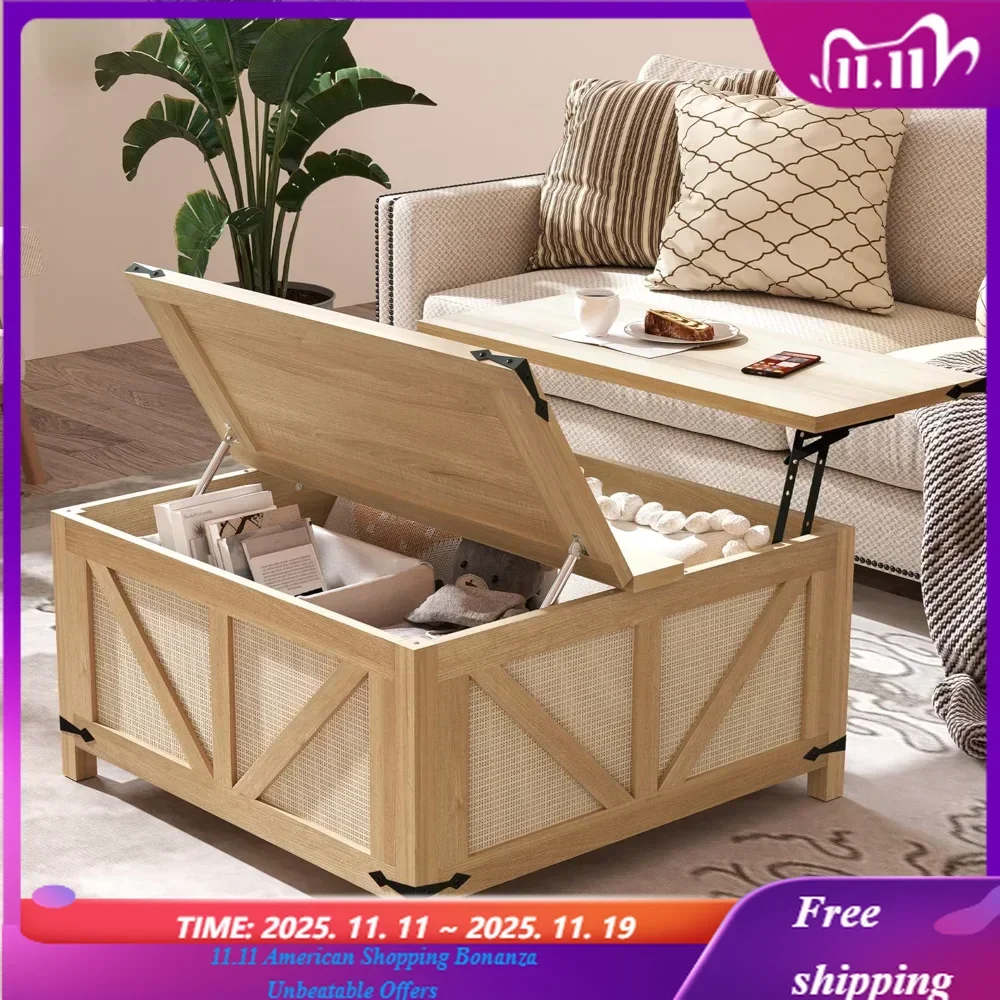 Square Rattan Lift Top Coffee Table with Large Hidden Storage Farmhouse Style Center Table for Living Room And Home Office,Custo