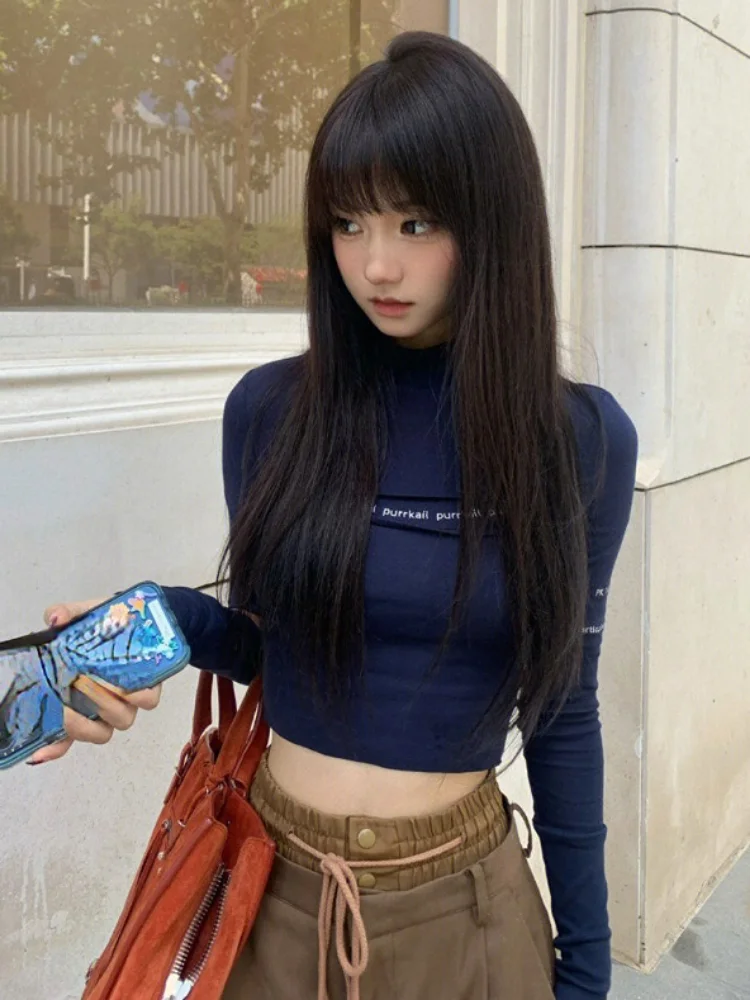 Sweet Cool 2024 Autumn Vintage Harajuku Long Sleeve T Shirt Letter Patchwork Women Fashion Y2k Aesthetic Slim Bodycon Crop Tops