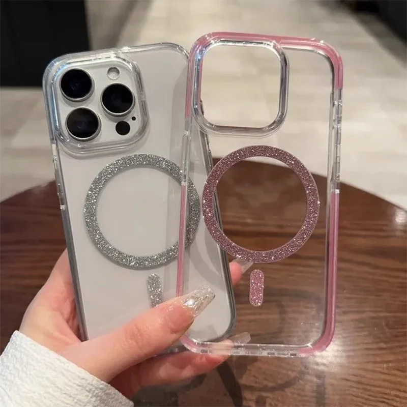 

for iPhone 16 Pro Max Phone Case Transparent Glitter Magnetic Case for iPhone 16 15 14 13 Pro Max Case Hard PC Shockproof Cover