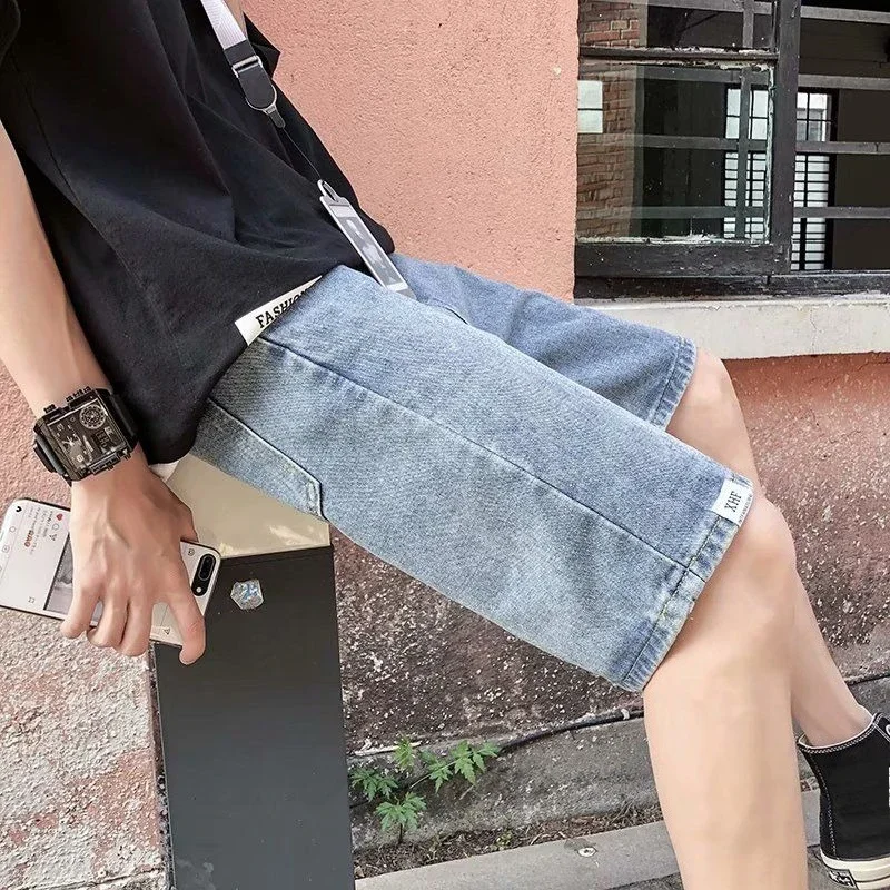

Wide Long with Pockets Man Denim Shorts Half Short Jeans Pants for Men Bermuda Loose Baggy Straight Stretchable Wih Zipper Cut