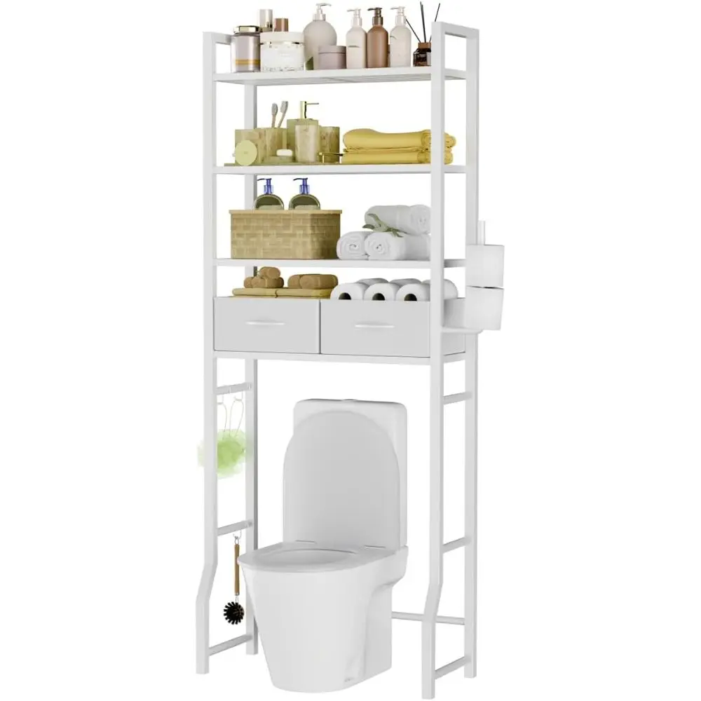 

Sturdy 4-Tier Toilet Storage Rack, Metal Bathroom Organizer with Drawers, White
