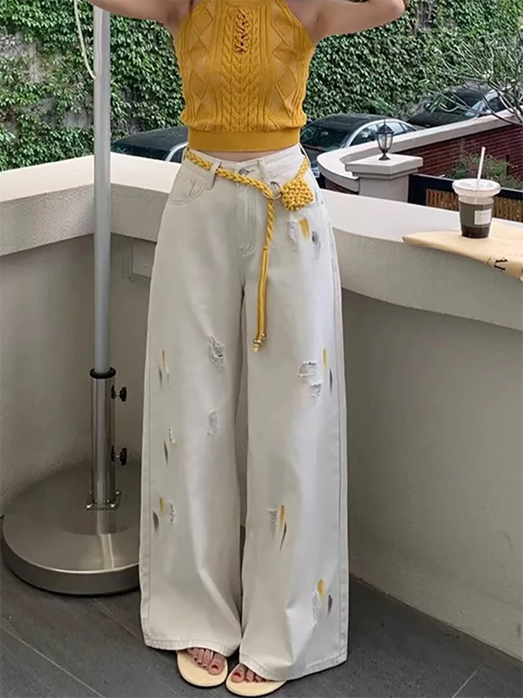 

Американские рваные джинсы с росписью в стиле ретро для женщин, новые летние свободные прямые брюки с высокой талией, белые широкие брюки на молнии