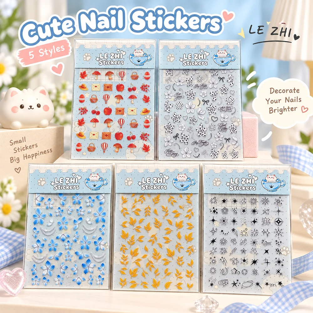 Cute Nail Stickers 3D Flower Butterfly Leaf Design Nail Art Decals Kawaii Aesthetic DIY Manicure Decoration Phone Case Craft