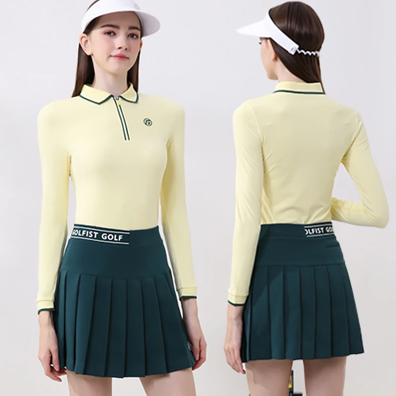 Golfist Golf Women Zipper Collar Polo Shirt Long Sleeve Slim Top Ladies Elastic Pleated Skirt High Waist Retro Sports Skorts