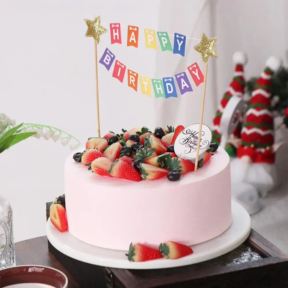 

Cake Pull Flower Colorful Cake Topper Cute Paper Cake Banner DIY Star Happy Birthday Cake Decor Baby Shower Decor