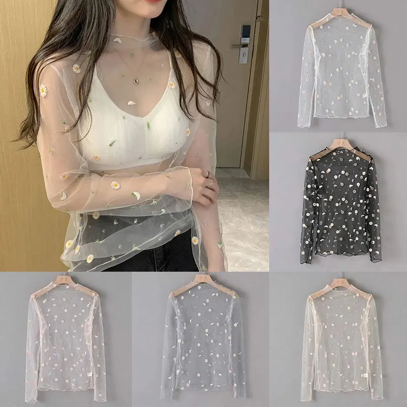 Sexy Women Transparent Mesh Tops Lace Long Sleeve Sheer Slim Ladies Turtleneck Floral Daisy T-shirts See Through Tees New Tops