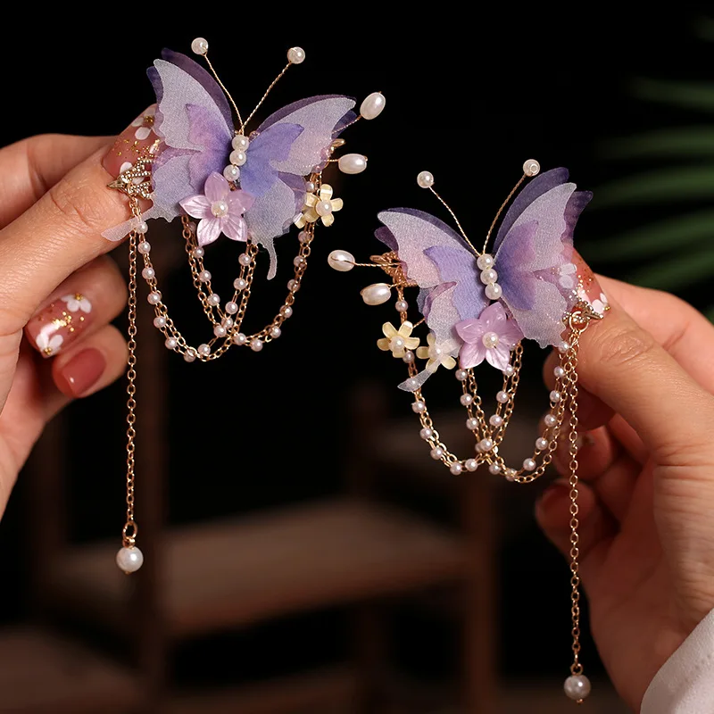 2 stücke Lila Schmetterling Haar Clips Chinesische Perle Quaste Haarspangen Vintage Blume Fringe Schritt Schütteln Retro Han Kostüm Party Haarnadel – Detail 1