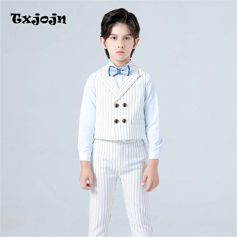 

Txjojn Striped Vestcoat Pants Set for Kids Double Breasted Boys Formal Wedding Guest Outfit 3-Piece Vest Trousers Bow-tie