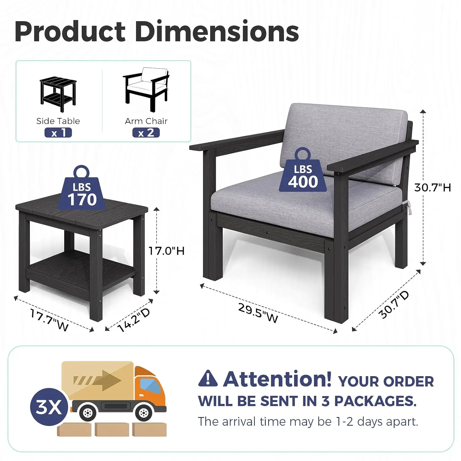 Modular Patio Furniture Set 3-Piece Chair Table Cushion Interlock Armrest All-Weather Backyard Deck Poolside, Customized