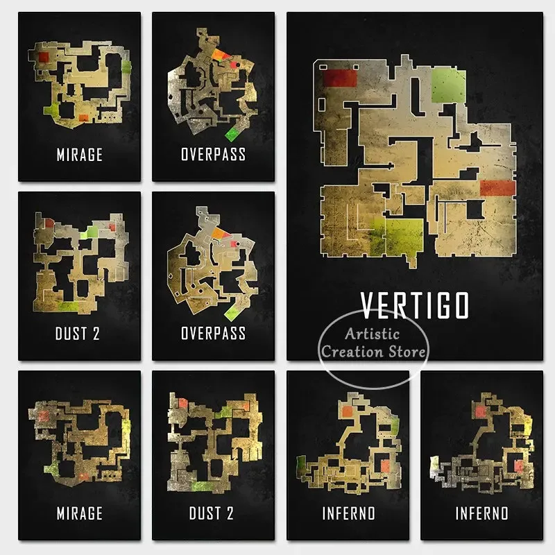 لوحة قماشية لخرائط CS Go ، ملصق الشخص الأول ، غبار اللعبة 2 خريطة نووية ، طباعة سوداء ، صور جدارية لغرفة الألعاب ، ديكور جداري #1