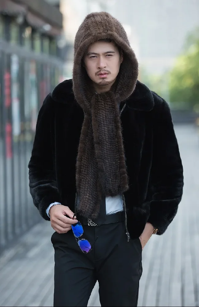 

Men's Real Mink Fur Hat Scarf One Pieces Winter Warm Cap Neckerchief Black Brown