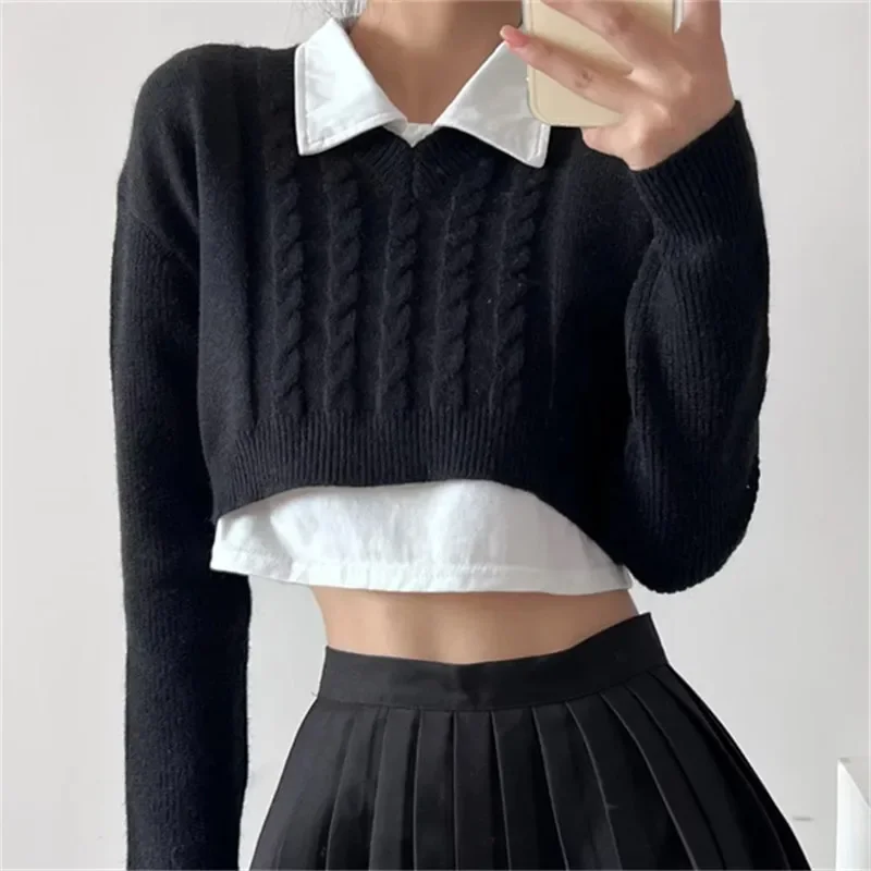 Women's Autumn Korean Fashion Short Pullover Sweater Loose V-neck Solid Color Navel Exposed Casual Long-sleeved Knit Top Y2k