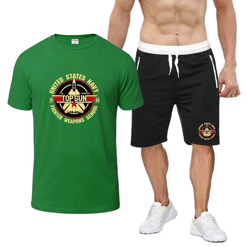 2026 Summer Men's Comfortable Bestselling Suits Top Gun US Navy Fighter School Logo Print Premium Ice Silk Two-piece Set
