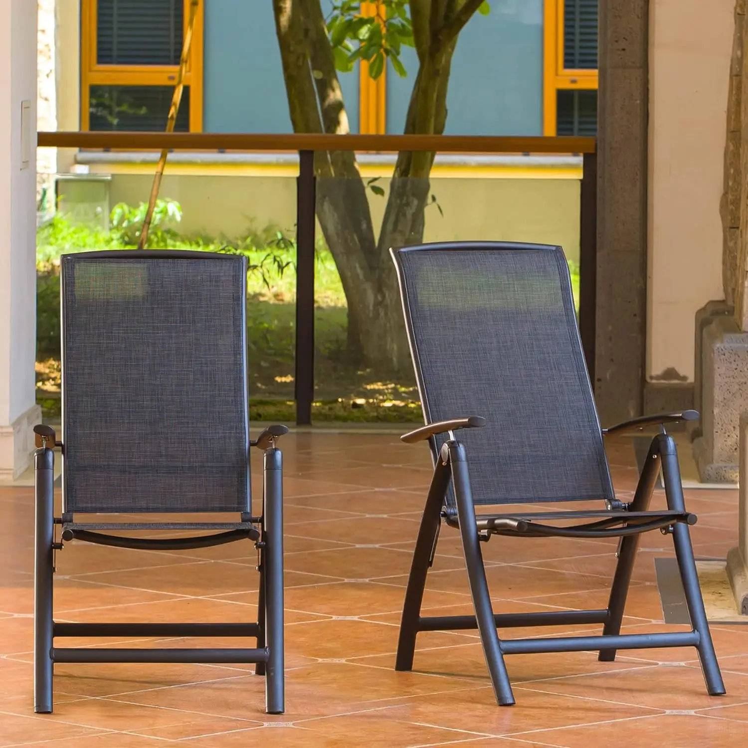 Folding Patio Chairs Set of 2 Aluminium Frame Reclining Sling Lawn Chairs with Adjustable High Backrest Patio Dining Chairs