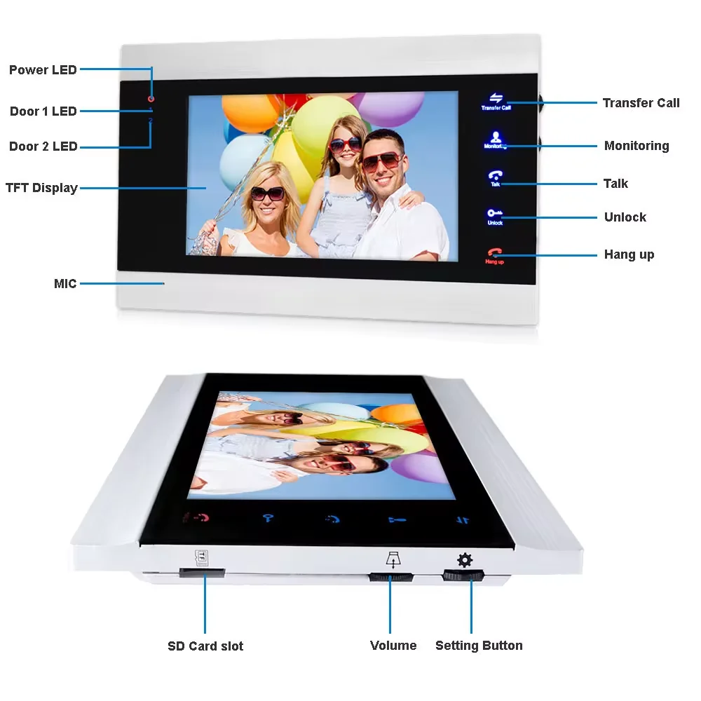 Telecamera impermeabile in materiale metallico per esterni Monitor LCD da 7 pollici Unità campanello per porta Controller Sblocco sistema di controllo accessi