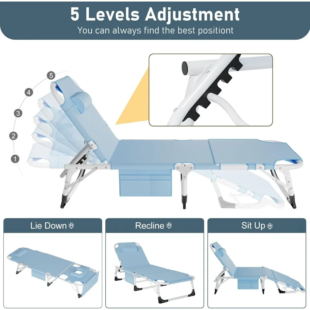 كرسي صالة الشاطئ 3 في 1 عالي التحمل مع فتحة للوجه، كرسي كبير الحجم قابل للطي لحمامات الشمس المريحة والاسترخاء