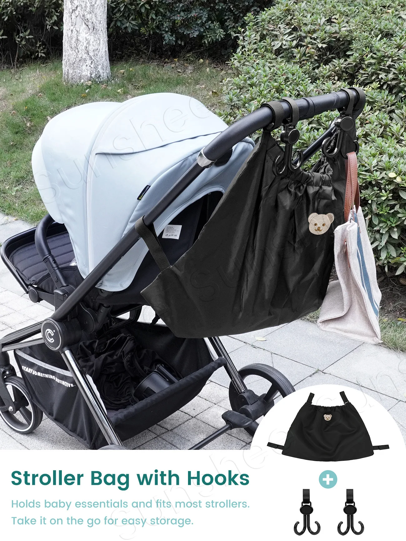Large Capacity Baby Stroller Organizer with Cute Bear Pattern, Universal Hanging Caddy for Shopping Cart