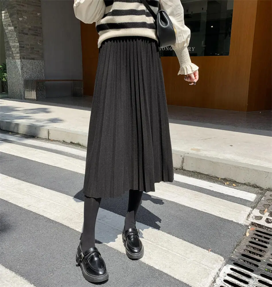 

Woolen Skirt Women Pleated Korean Style Autumn Winter Thick Warm Simple Versatile Casual Solid Color Daily Commuting Skirt