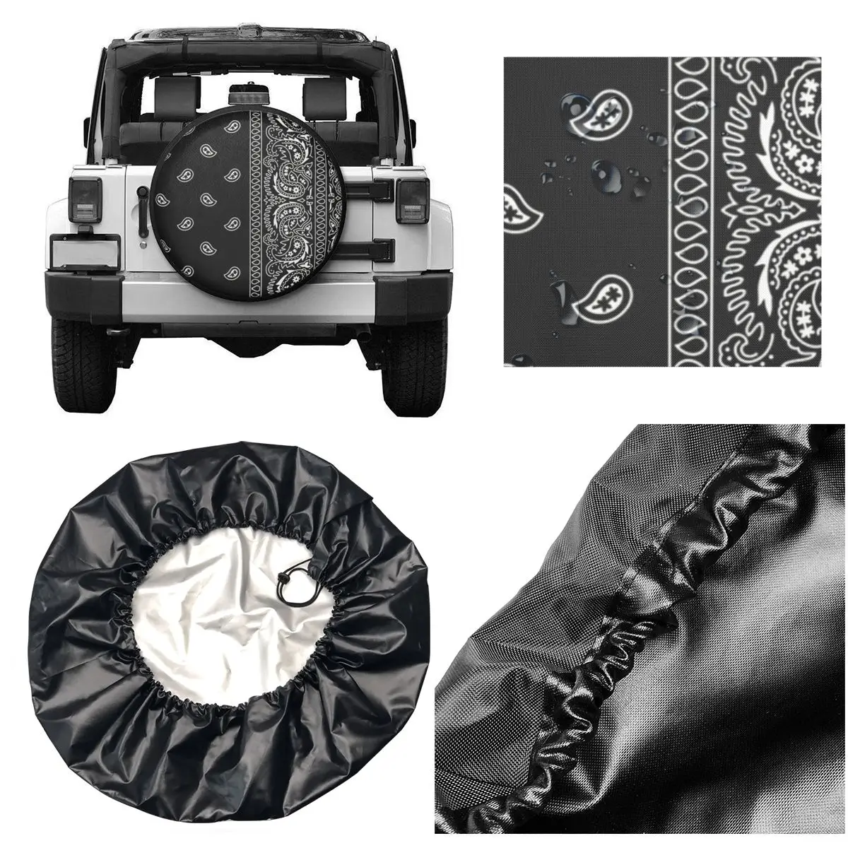 Black And White Paisley Chicano Bandana Style Spare Tire Cover Case Bag Pouch Black And White Wheel Covers for Jeep Honda