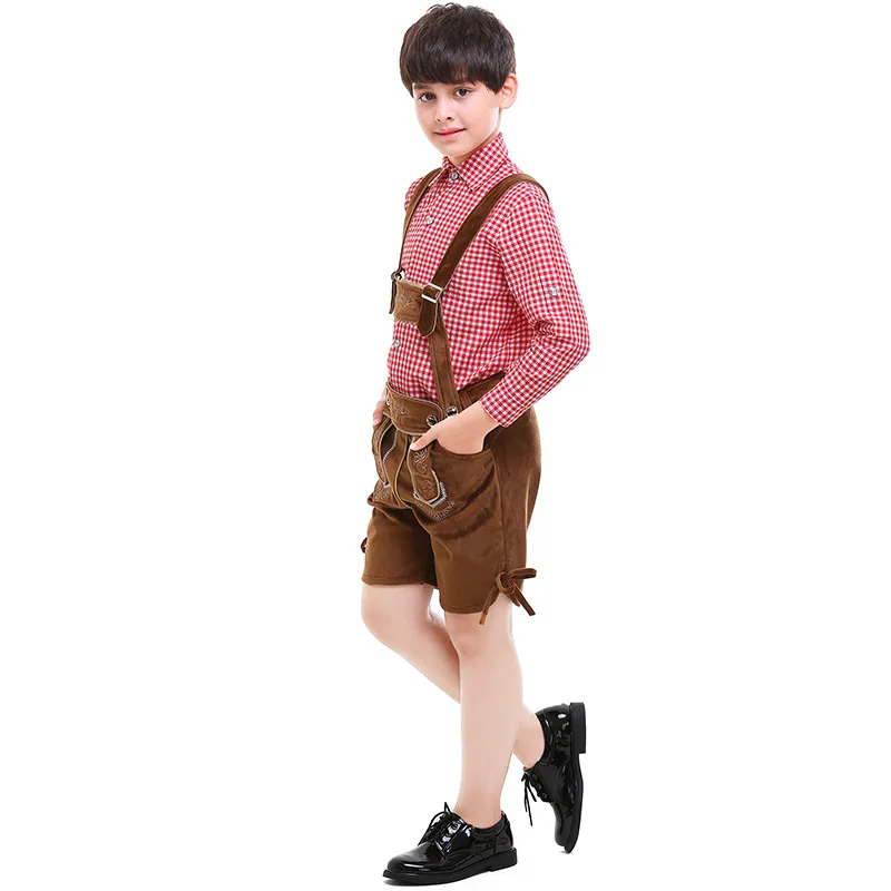 Costume da birra per bambini ragazzo Oktoberfest Lederhosen Beer Pants pagliaccetti bretelle Outfit Bavaria Beer Party Halloween Fancy Dress