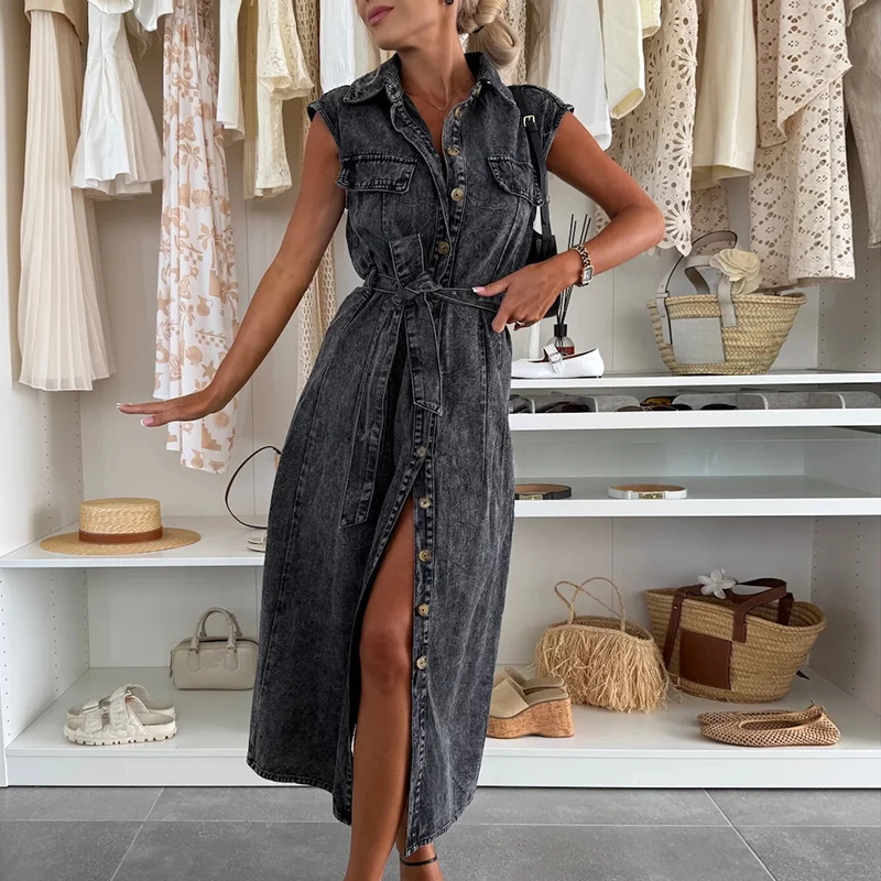 

New Elegant Solid Color Summer Dress 2025 Women Lapel Sleeveless Denim Dress Casual Single Breasted Lace Up Commuting Long Dress