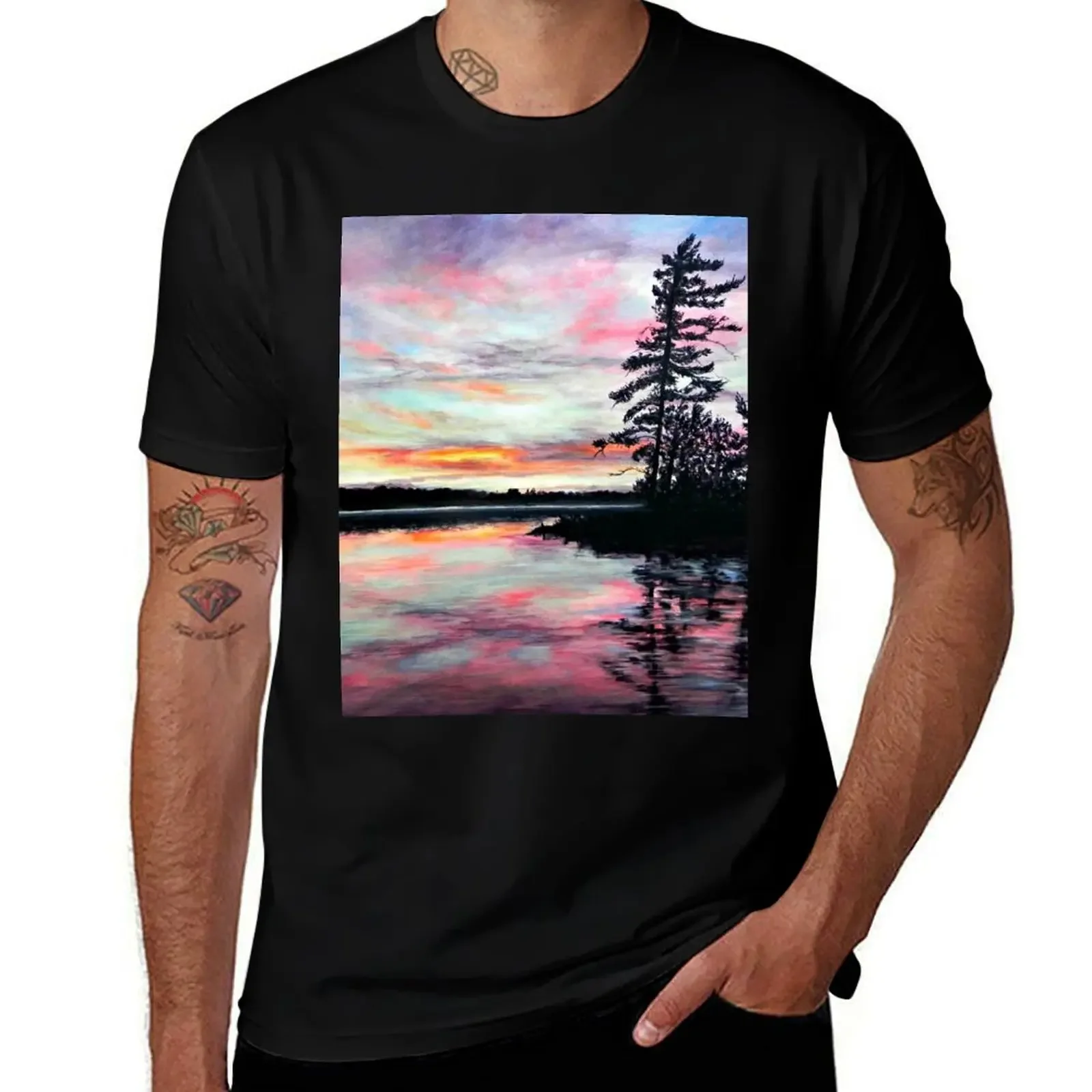 Water Lake Reflection Sunset Pink Sky Painting T-Shirt sports fans Luxury man mens tall t shirts