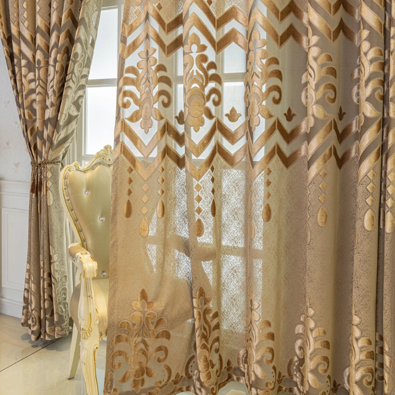 

European Style Hollow Curtains Middle Eastern Jacquard Curtains Coffee Color Curtains for Living Dining Room Bedroom Custom