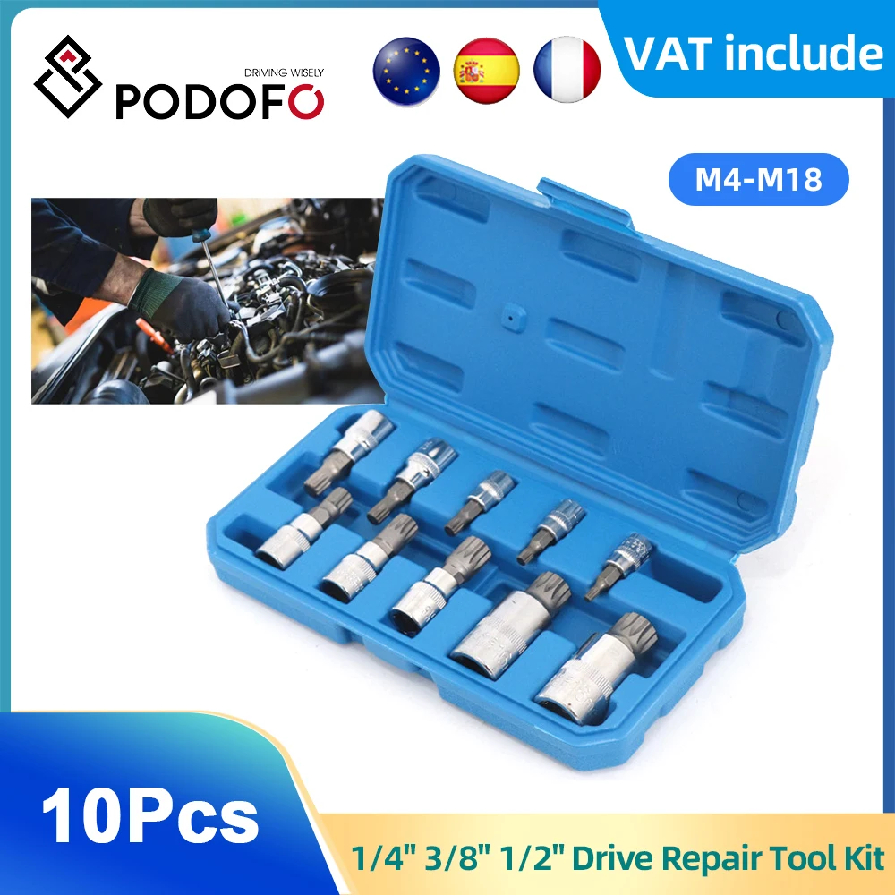 Podofo 10Pcs 12 Point Triple Square Splined Bit Socket Set M4-M18 1/4