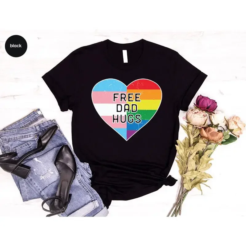Free Hugs T Shirt Rainbow Pride Accepting Queer Be Kind LGBTQ Flag Human Rights