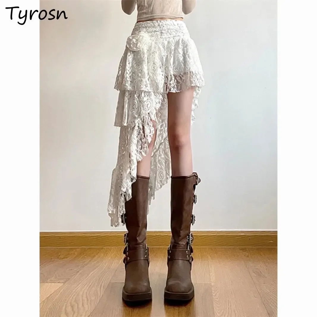 

High Waist Skirts Women Lace Patchwork Asymmetrical Korean Style Office Lady Fashion Sashes Rertro Sexy Unique Ins Streetwear