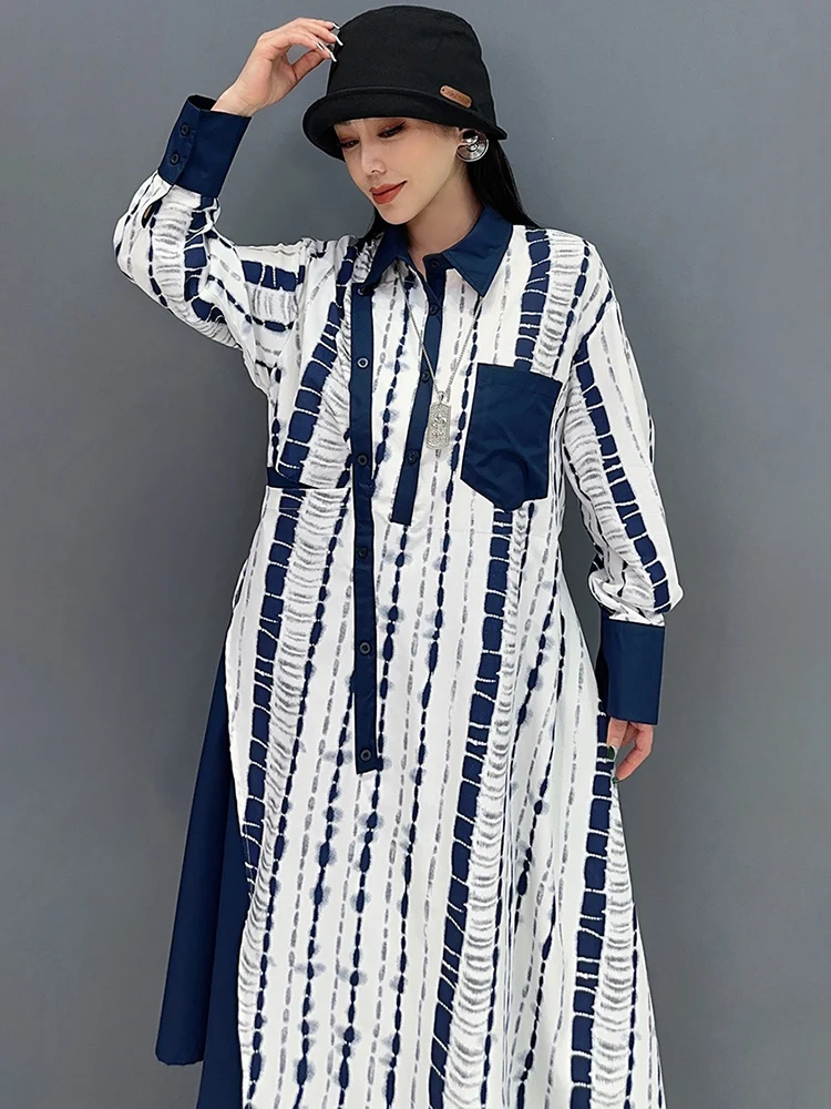 SHENGPALAE 2024 Summer New Fashion Loose Long Sleeved Shirt Dress For Women Color Block Korean Chic Female Dresses Robe  5C1071