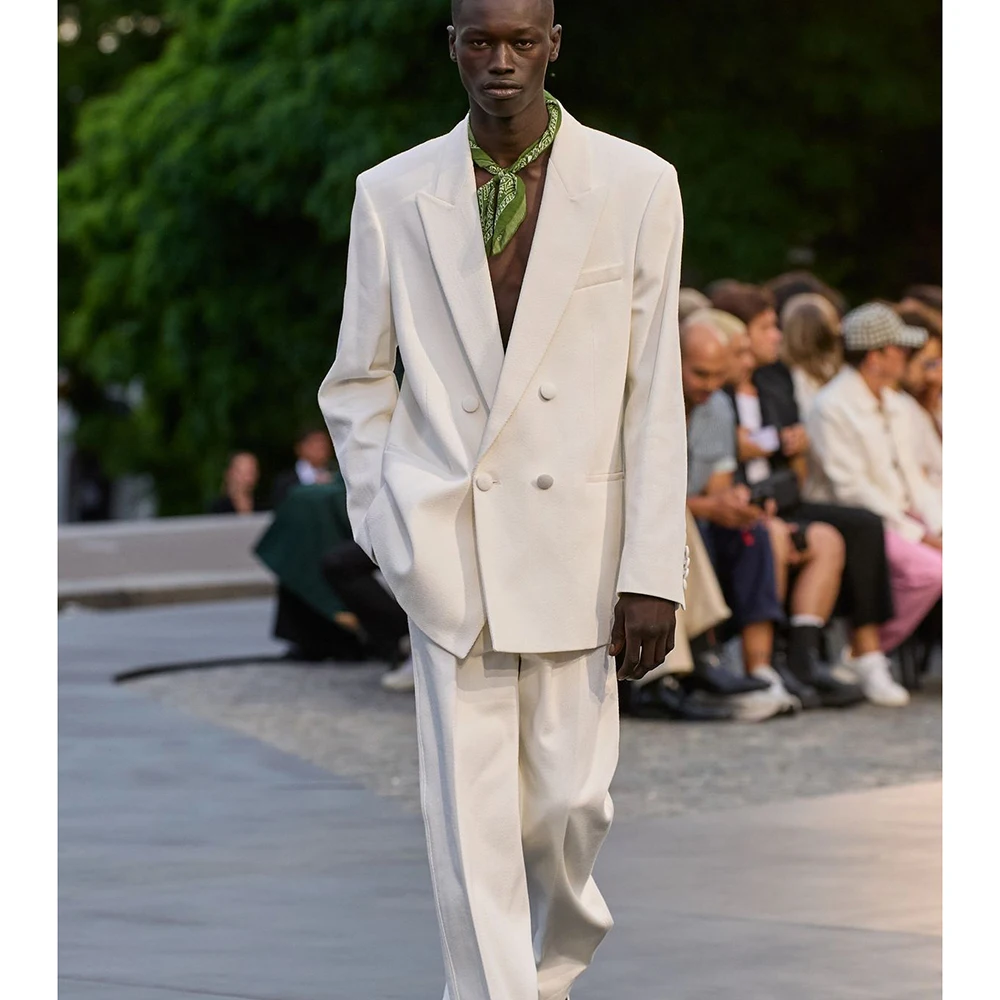 

Minimalist Men's White Luxury Suits 2 Piece Jacket Pants Sets Peak Lapel Double-Breasted Causual Dating Party Loose Male Suits