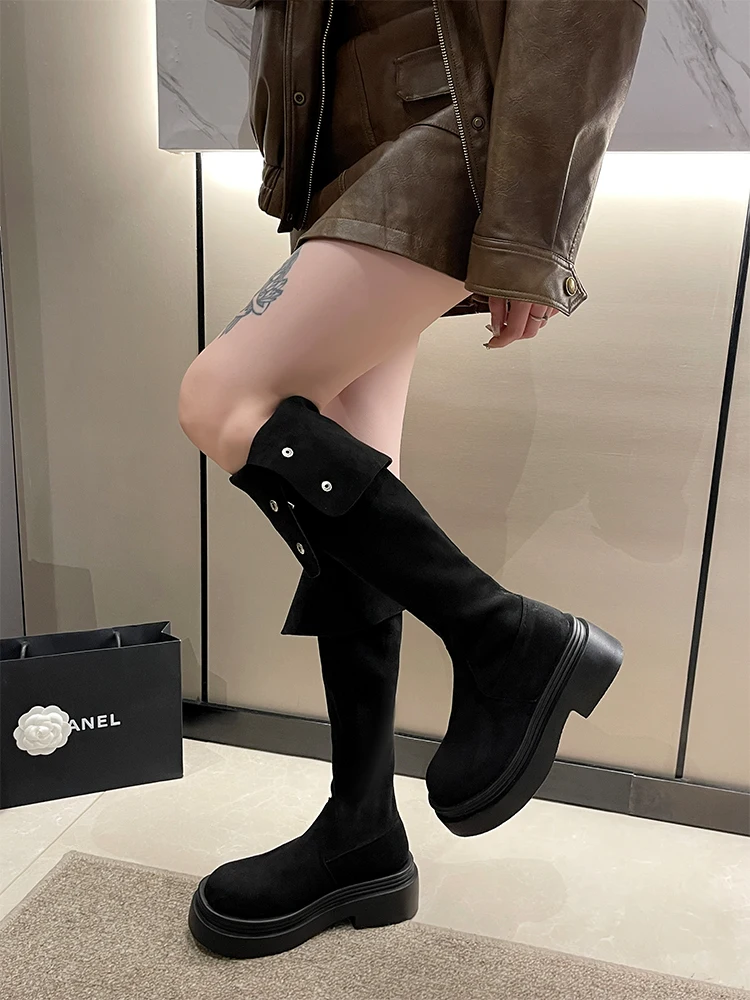 Botas con cremallera para mujer, zapatos con plataforma de diseñador de lujo, plano y tacón punta redonda, zuecos a la moda, para otoño e invierno, 2023