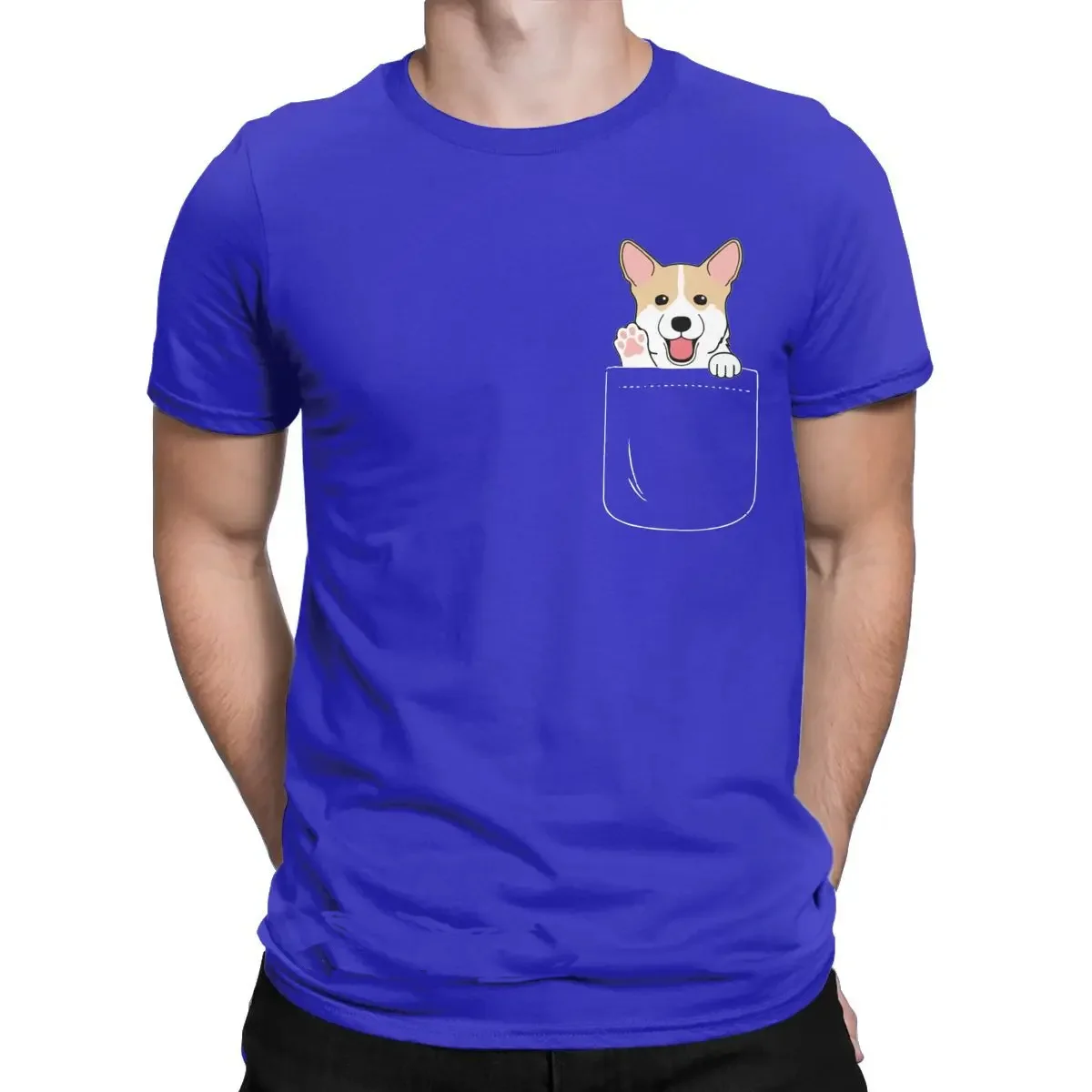 Corgi In Pocket Men T-Shirts funny Animal Vintage Pure Cotton T Shirt O-neck Harajuku Tshirt Print Clothing unisex Oversized Tee