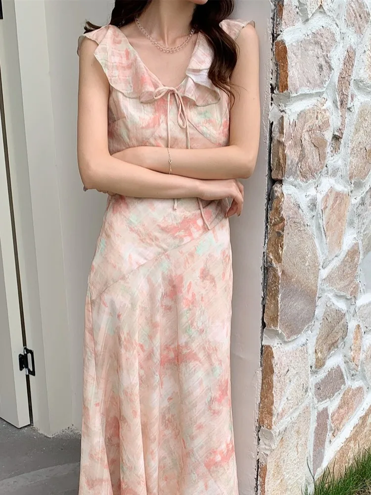 

Retro Lace Trim Fly Sve V Ne Tie Dotted Dr Women's New Summer Long Dr Floral Print Gown Commute Sle Pure E-commerce