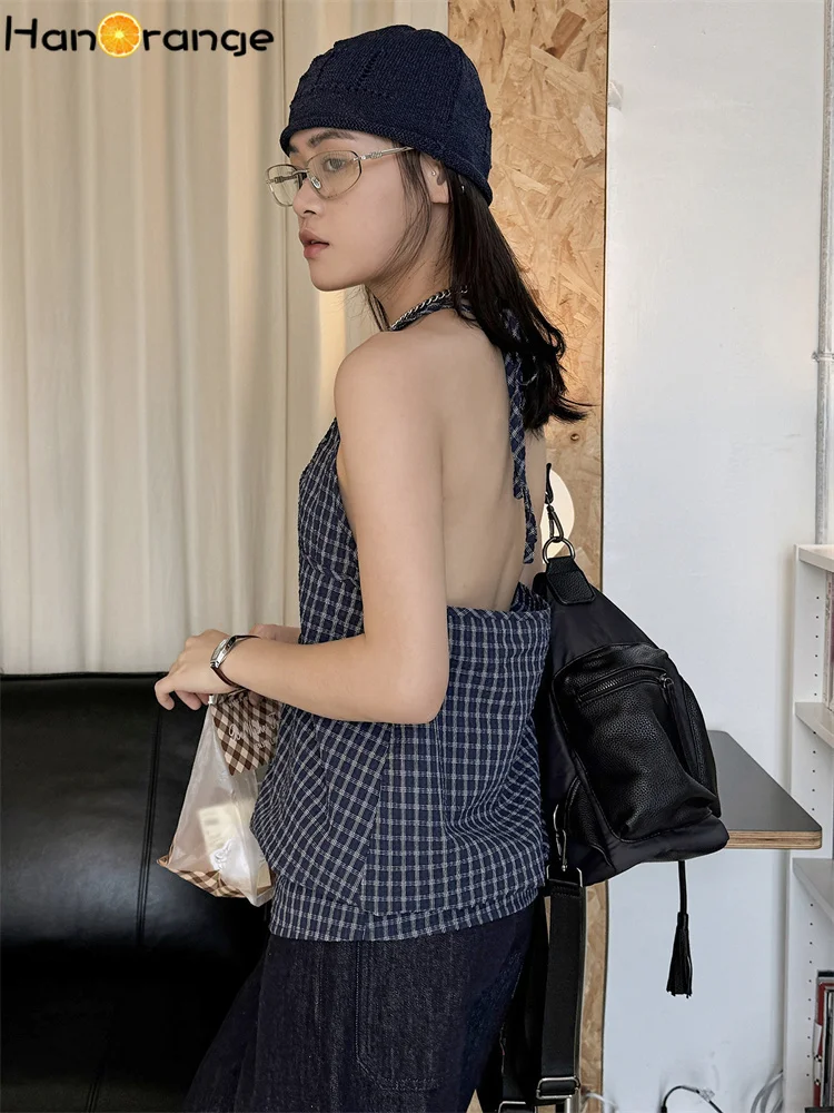 HanOrange 2026 Summer Fashion Split Plaid Camis Women Strappy Backless Top Brown/Navy Blue