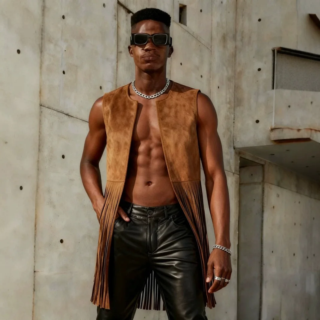 European American Vintage Fashion Men Brown Black Solid Color Sleeveless Loose Simple Basic Casual Daily Vests Male Coat Clothes