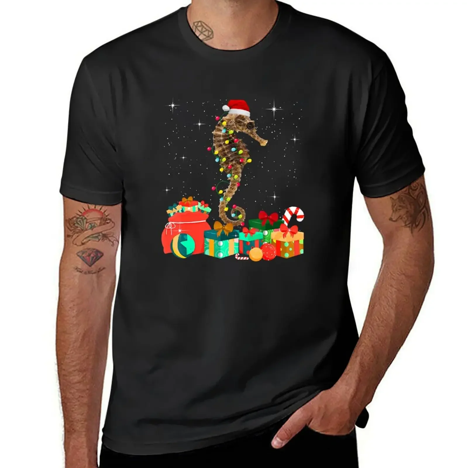 Seahorse Christmas Hat Lights Family Xmas Gift Love Animals T-Shirt oversized street wear men graphic t shirts