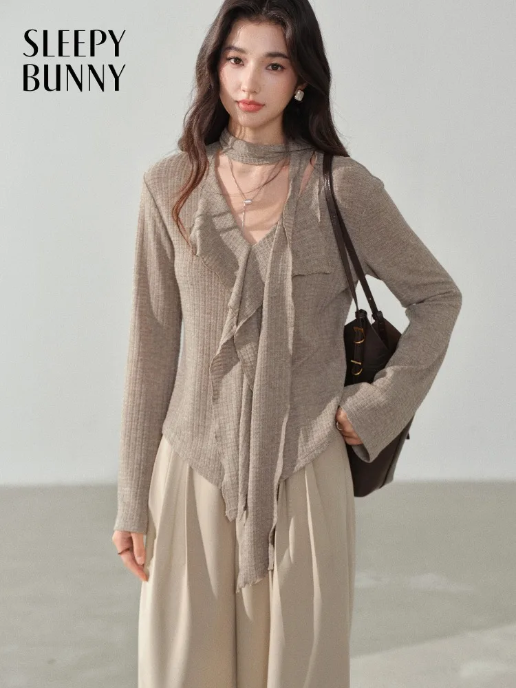 

Вязаная блузка с v-образным вырезом, женская облегающая футболка с длинным рукавом, топ, элегантный дизайн с галстуком, шикарный милый многослойный стиль, мягкая осенняя модная одежда