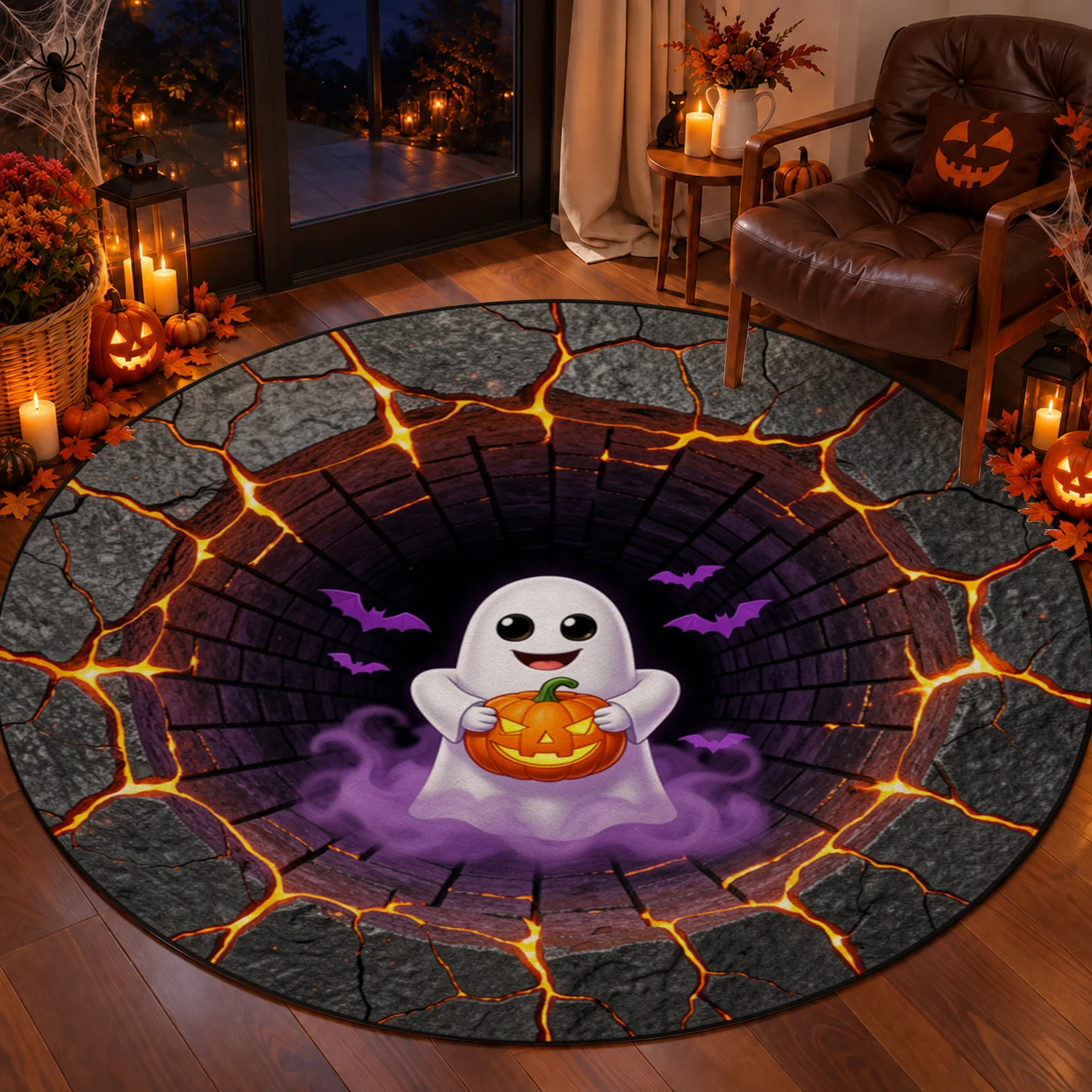 Halloween Ghost Pumpkin Bat Crack Print Round Velvet Rug Machine Washable for Living Room Bedroom Entryway Halloween Thanksgiving Christmas New Year Black Friday Cyber Monday