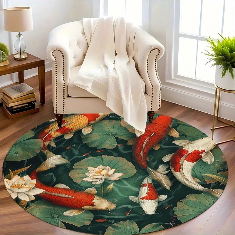 1pc Japanese Zen Koi Fish & for Lotus Floor Mat - Green & Golden Non-Slip Mat, Machine Washable Soft Mat for Living Room