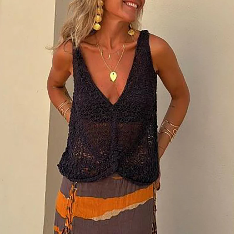 Gilet senza maniche scavato estivo Top da donna Moda T-shirt da spiaggia lavorata a maglia con prospettiva a V profonda Camicette corte slim in lino casual
