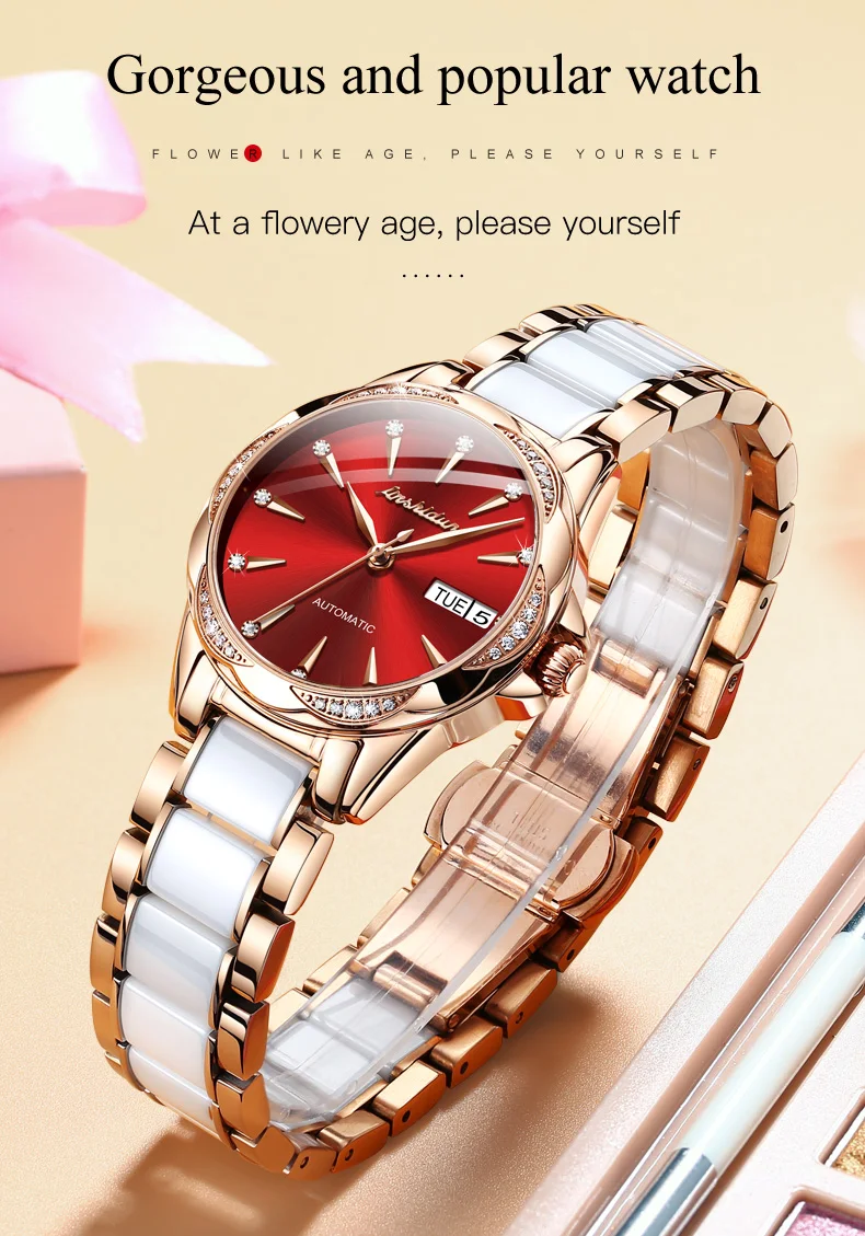JINSHIDUN 8821 Automatikuhren für Damen, elegante Luxus-Keramik-Stahlarmbanduhr mit Doppelkalender, wasserdichte mechanische Damenuhren – Detail 9