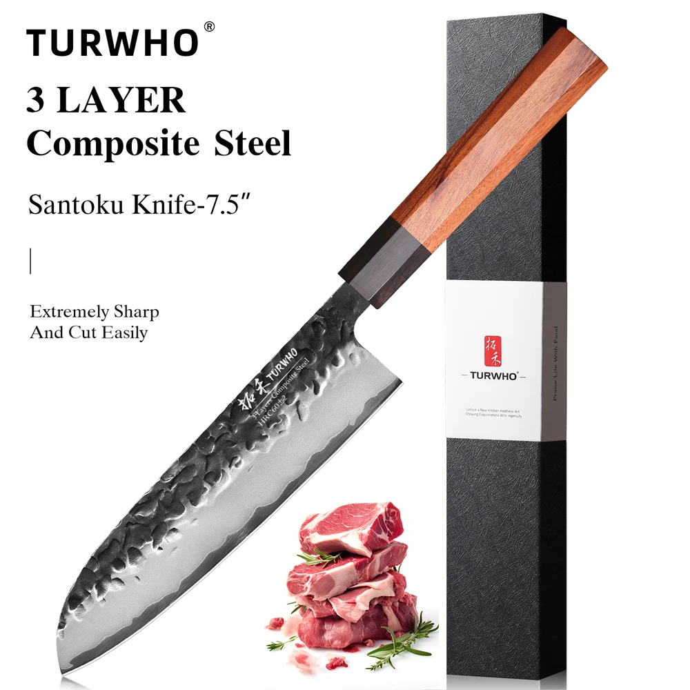 TURWHO Japanese Style Santoku Knife, 7.5 Inch, 3-Layer Composite Steel 10cr15mov, Ebony and Rosewood Handle, Kitchen Chef Knives