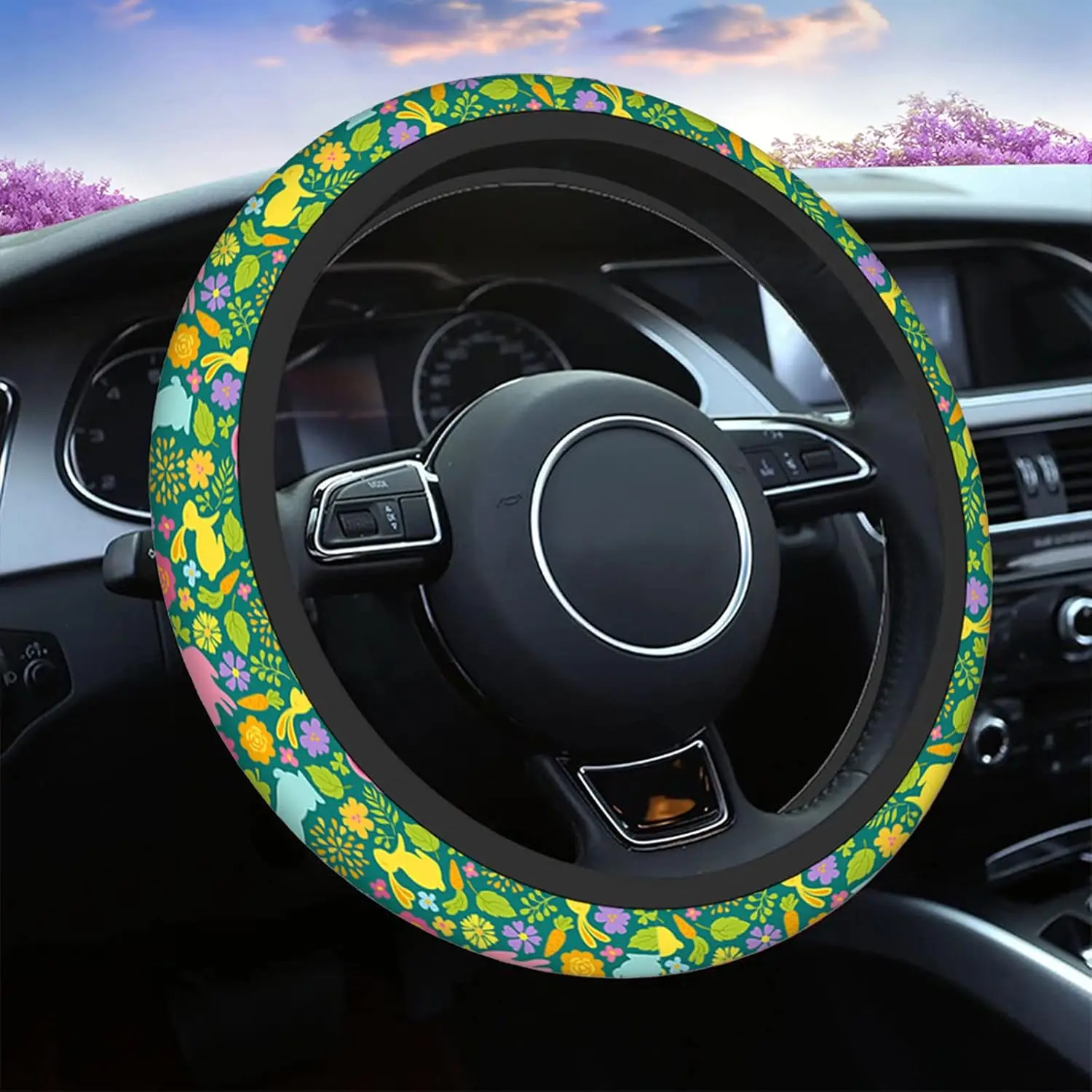 Easter Steering Wheel Cover Colorful Bunnies Carrots Flowers Leaves Anti-Slip Car Wheel Wrap Compatible with Most Auto Car