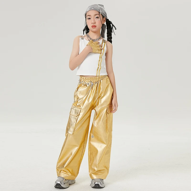 

2025 New Ballroom Hip Hop Dance Costumes For Girls Vest Gold Pants Streetwear Children Group Jazz Performance Clothes DQS19282