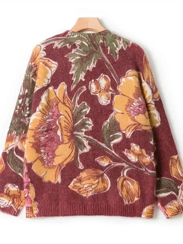 

Floral Print Women's O-Neck Sweater Soft Wool Mohair Vintage Knit Jumper for Fall Winter