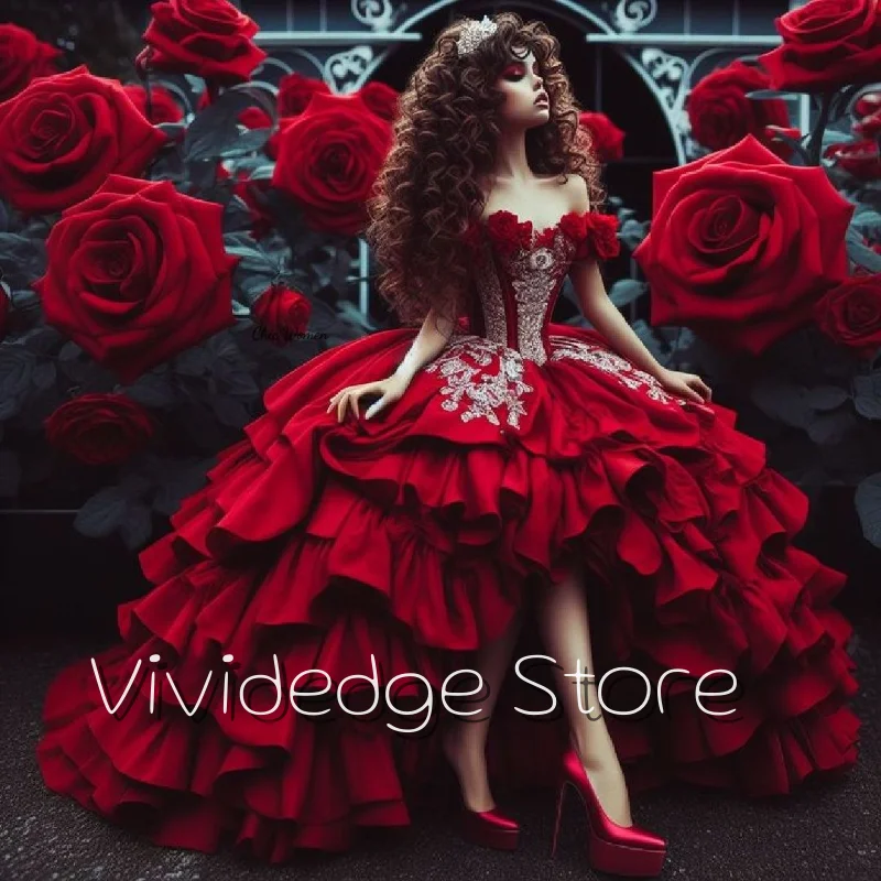 핫 레드 퀸 고딕 프롬 드레스 오프 숄더 비즈 레이스 트림 비대칭 밑단 레이어드 빅토리아 이브닝 가운 맞춤 제작