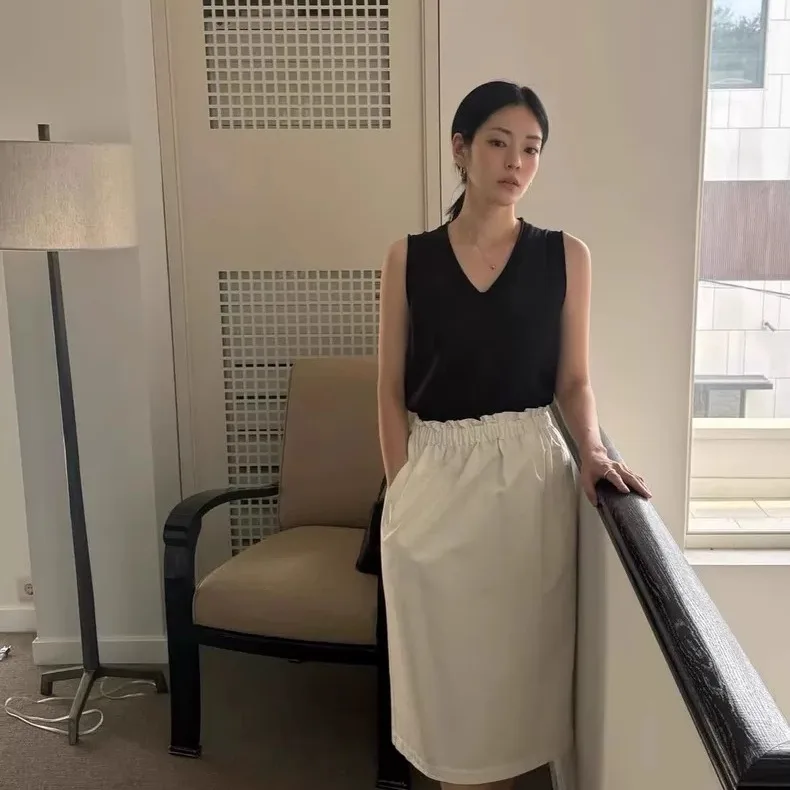 mat Pure Color Slim Fit Pleated Elastic Waist f Skirt Autumn 2025 Faion Ladies Casual Cotton Daily Wear