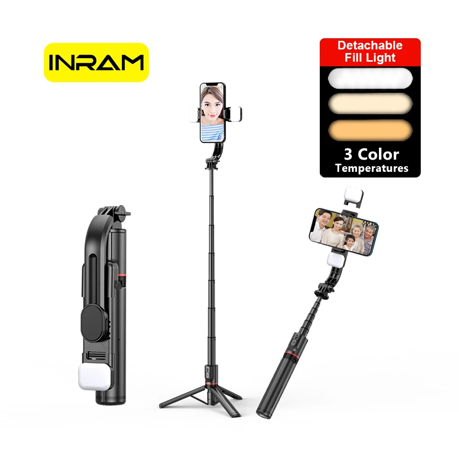 INRAM-L12d Foldable Wireless Bluetooth Selfie Stick Tripod with Remote Shutter Fill Light Aluminum Alloy Selfie Stck